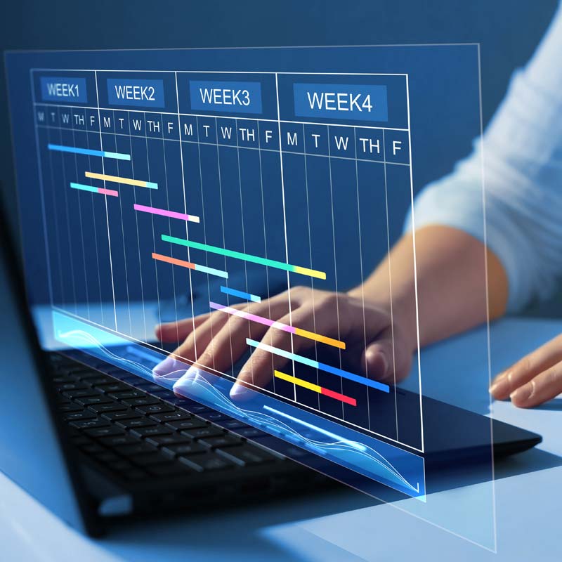Person typing on lapton with glowing week calendar graphics