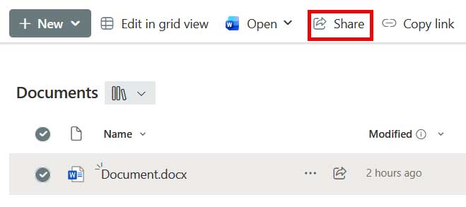 Step-1-Microsoft-SharePoint Selecting the documents to send out in SharePoint file sharing.