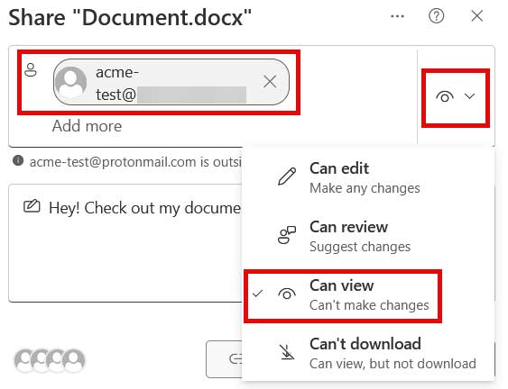 Step-2-Microsoft-SharePoint View of the "Share" interface, with recipients's emailed typed in, and setting the permissions for them on.